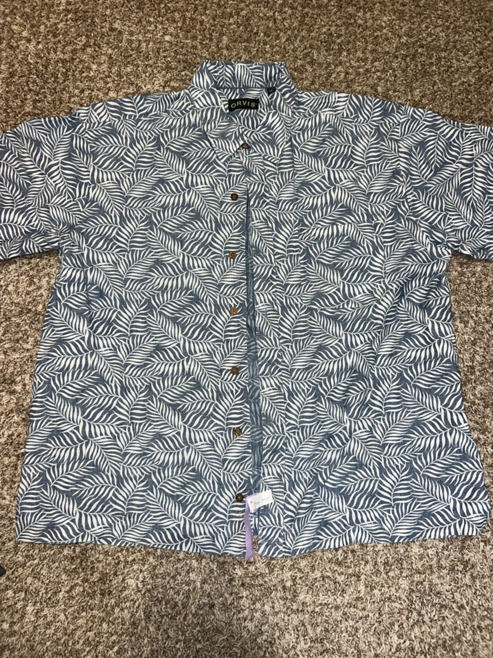Orvis Men’s Blue & White Tropical Leaf-Print Short Sleeve Button-Down Shirt XL